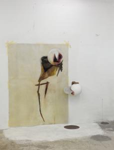 Disegno doppio, 2010. Disegno e scultura, vetroresina, pastelli a olio, cera, legno, nastro adesivo di carta