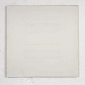 Nel quadrato grigio celeste giallo, 1974. Tecnica mista su tela, cm 95 x 95
