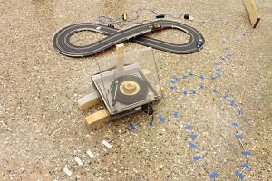 8) Straws, speaker, electrical cables, turntable, wood, adhesive tape, track cars polistil, plastic, timer, various artists Saturday night fever, giradischi pista saturday night fever de pol, Roberto de Pol, 2013
