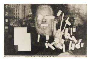 Andrea Mastrovito, L'ora di Informatica, 2021, matita su banco scolastico 45 x 70 x 75 cm