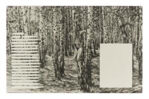 Andrea Mastrovito, L'ora di Religione, 2021, matita su banco scolastico 45 x 70 x 75 cm