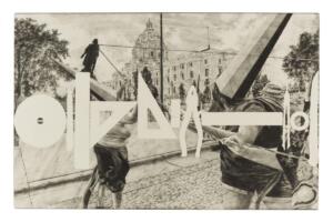 Andrea Mastrovito, L'ora di Storia, 2021, matita su banco scolastico 45 x 70 x 75 cm