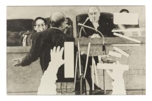 Andrea Mastrovito, L'ora di Diseducazione Civica, 2021, matita su banco scolastico 45 x 70 x 75 cm