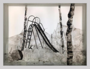 Andrea Mastrovito, Senza titolo, 2019, Vernice su vetro e lightbox, 86 x 66 x 25 cm