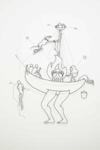 Matthew Attard,Ship of Fools (after Bosch),2023,filo d’alluminio, disegno su muro,102,5 x 72,5 cm.