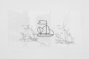 Matthew Attard,Id-Dgħajjes tal-Fidili (Ships of thefaithful/fools),2023,Stampa digitale estrapolata da eyedrawingsu plexiglass, filo d’alluminio, disegno sumuro,25 x 50 x 15 cm