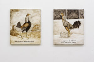 Giuseppe Abate, Lord Cardigan / 1 B Baht
(dalla serie The Cockpit),
2021, tempera all’uovo su tela con pigmenti Sienna Rooster Blood, Black Burned Bones, Eggshell Complexion, Livorno's White, 29,5 x 35 cm cad
