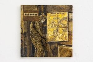 Giuseppe Abate, Kids deal
dalla serie The Cockpit
2020, tempera all’uovo su tela con pigmenti Sienna Rooster Blood, Black Burned Bones, Eggshell Complexion, Livorno's White, 25 x 25 cm
