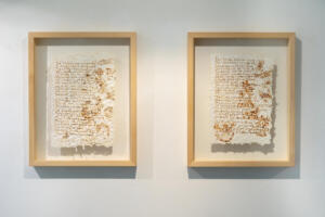 Giuseppe Abate, Evidently chicken town, 2021, Pirografo su carta realizzata con membrana testacea, 24 x 18 cm