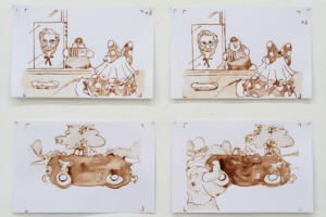 Giuseppe Abate, Hugo & Holly, 2021, disegni su carta con pigmento Rooster Sienna Blood, 21 x 13 cad