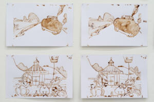 Giuseppe Abate, Hugo & Holly, 2021, disegni su carta con pigmento Rooster Sienna Blood, 21 x 13 cad