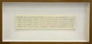 Hamish Fulton, Eleven people walking slowly in silence on pavements. Champaing Illinois. USA. 2 March 2005, handwritten text, pen on paper, 22 x 46 cm