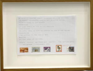 Hamish Fulton, A 2838 Kilometre coast to coast walking journey on roads pavements tracks and bicycle paths. Spain France Switzerland Germany The Netherlands. 11 September - 13 November 2002,handwritten text, pencil and stamps on paper, 33 x 42 cm