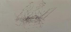 Matthew Attard, Id-Dgħajjes tal-Fidili - Ships of the faithful/fools, 2021, Pen-plotted eye-drawing on Globigerina Limestone 54 x 25 x 3 cm