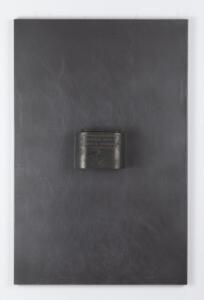 Fabio Mauri, Morale, 1997, cassetta salvadanaio su lastra in ferro patinato con grafite, 57 x 37,5 x 8 cm