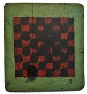 Maurizio Pellegrin, Green Game Board, 2017, cotone, tecnica mista su scacchiera antica, 47 x 43 cm